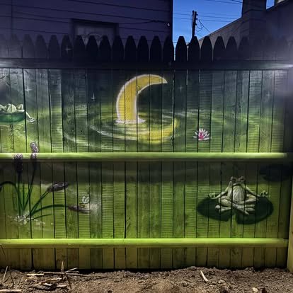 Moonlit frog mural painted on a garden fence
